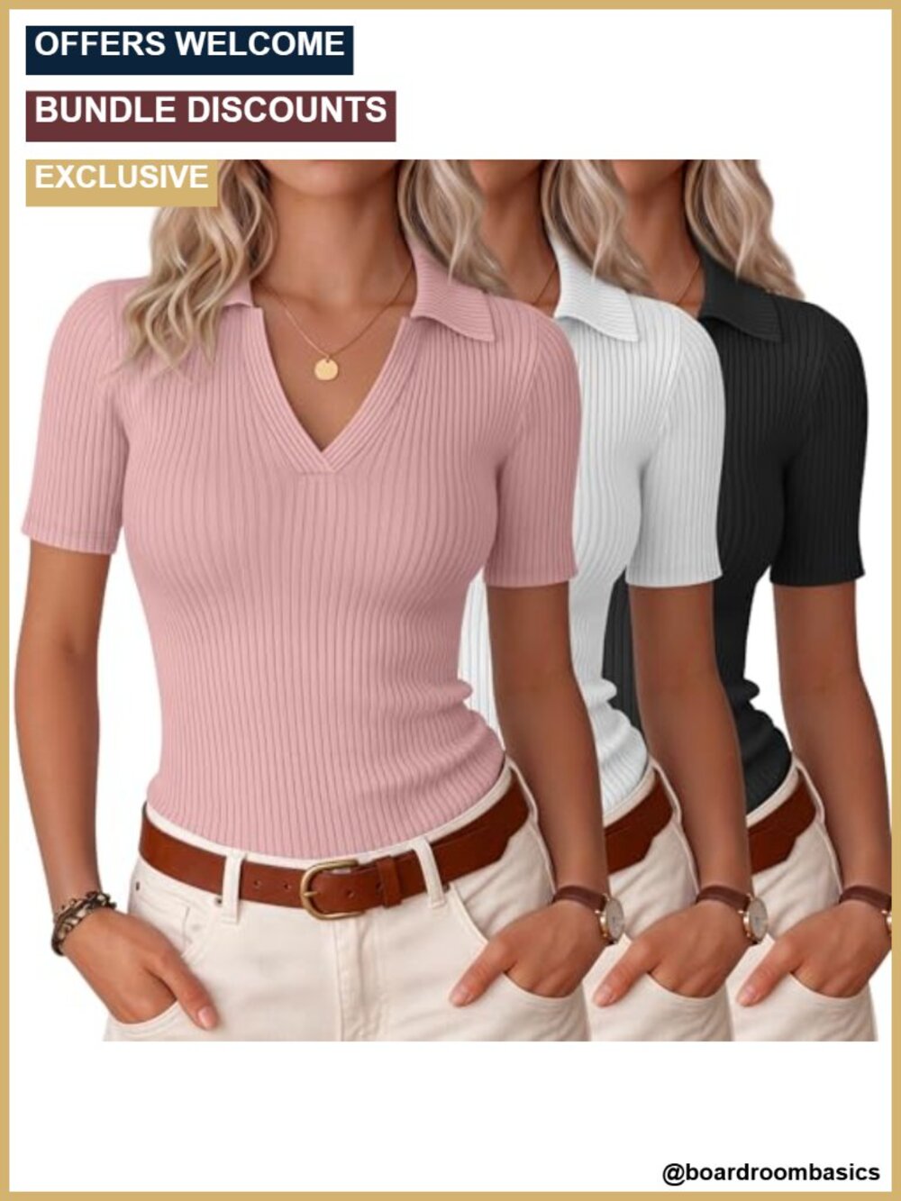 3 Pack Women Cotton Polo Shirts V-Neck Short Sleeve Business Casual